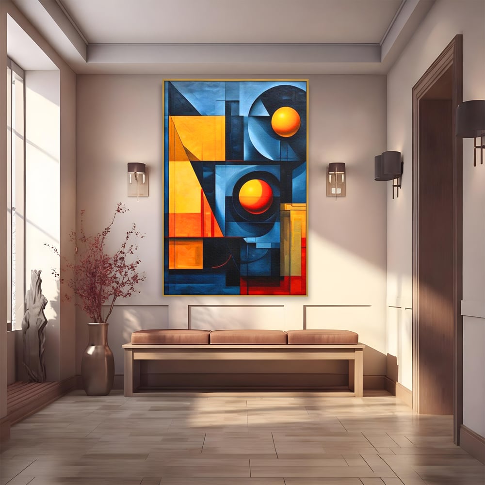 Tablou canvas cu pictura abstracta cu forme geometrice, in rama de aluminiu auriu